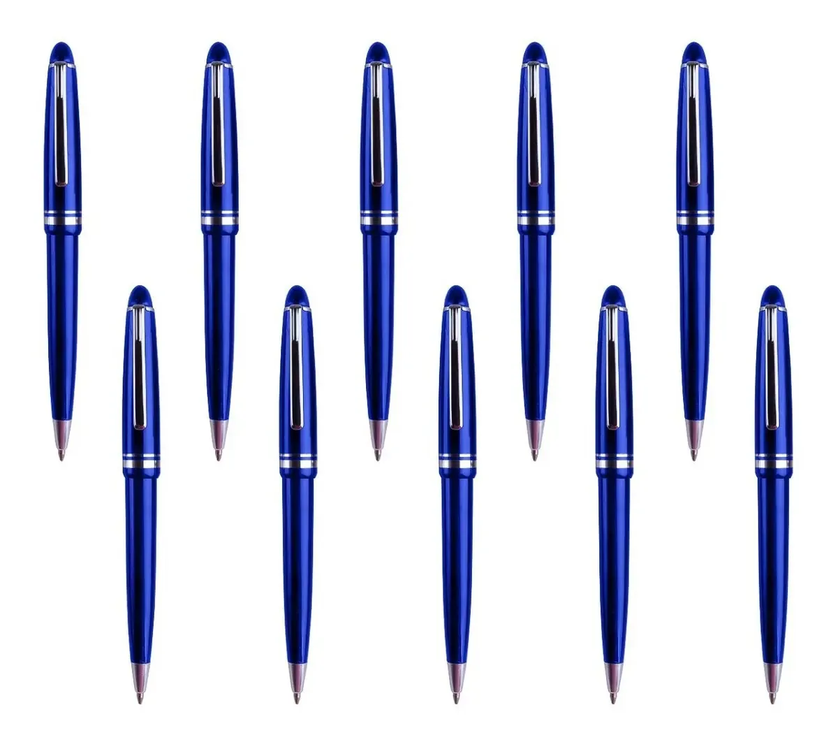 Pacote de 10 canetas esferográficas com clipe e aparência metálica, tinta azul externa preta