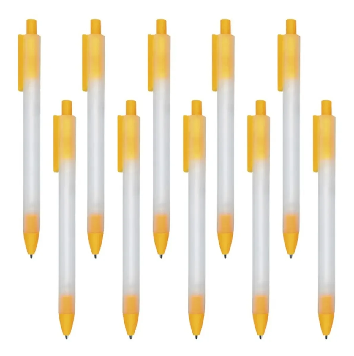 Pacote de 10 canetas esferográficas com tinta gel, tampa e clipe translúcidos, tinta externa preta e laranja