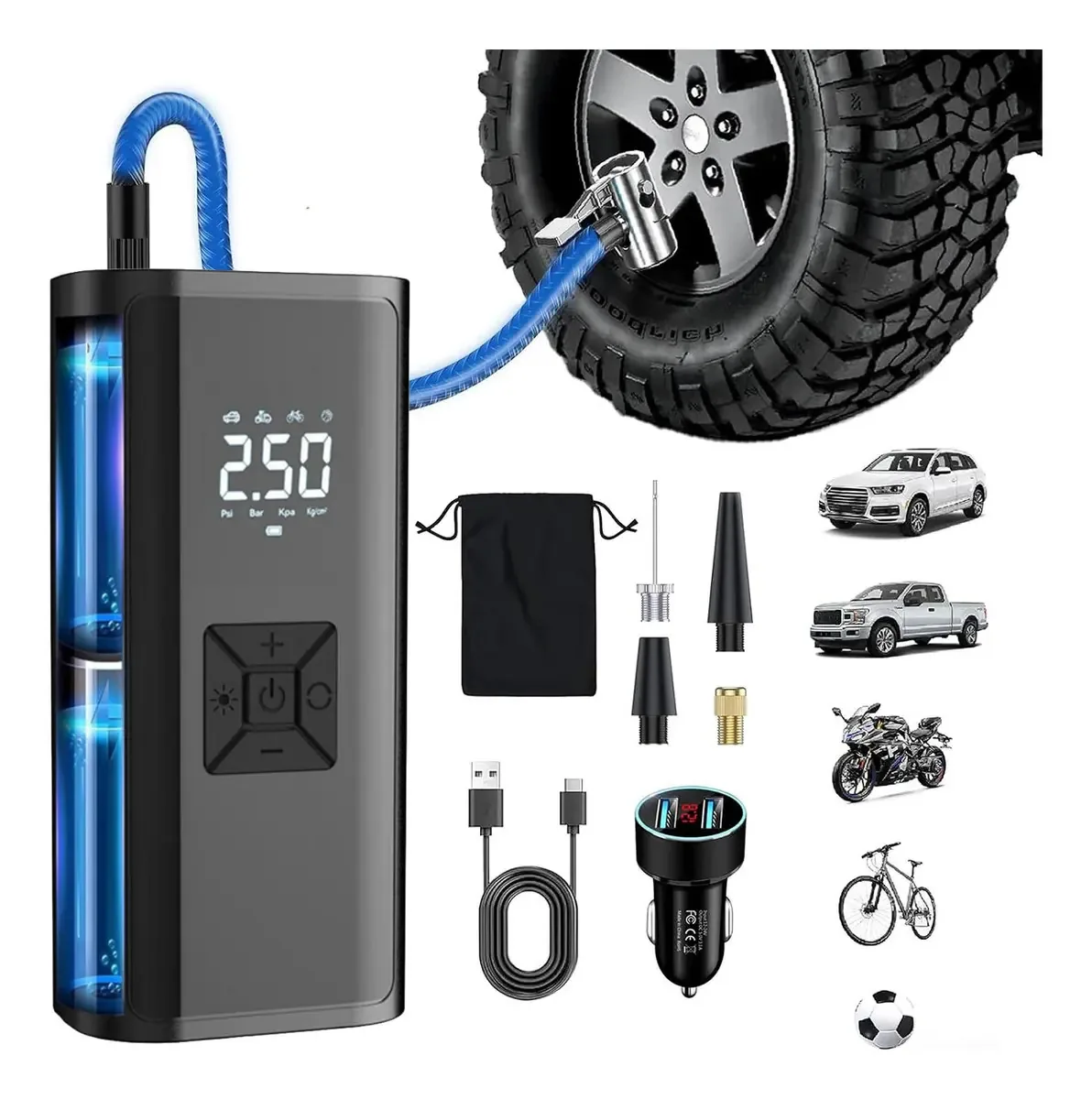 Compressor de ar e inflador de pneus rápidos e portáteis YKM®, minicompressor para inflar pneus de motocicletas e carros, com display LCD digital e lanterna LED, 6600mAh, 150 psi preto