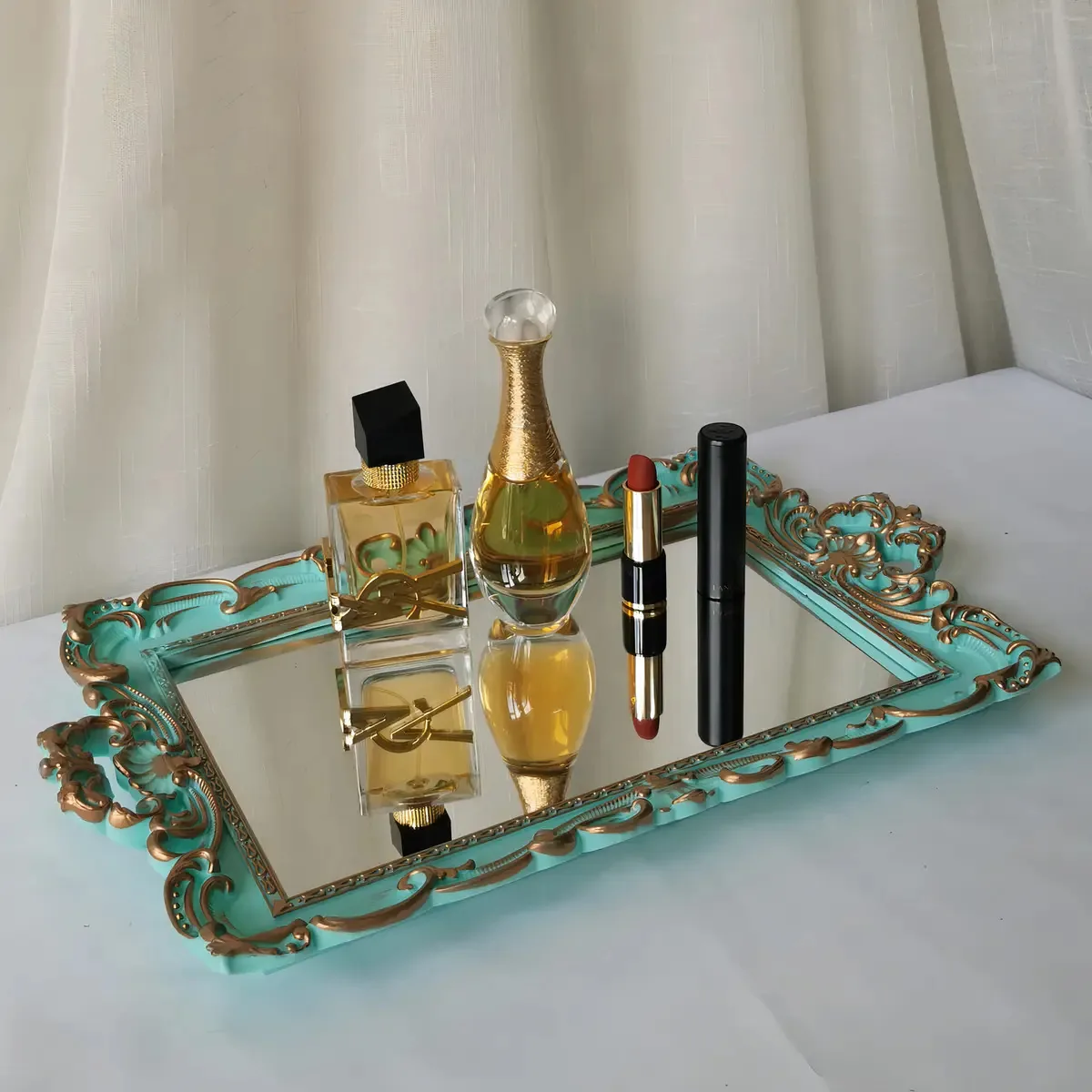 Bandeja de espelho decorativa retangular Yamfurga, estilo