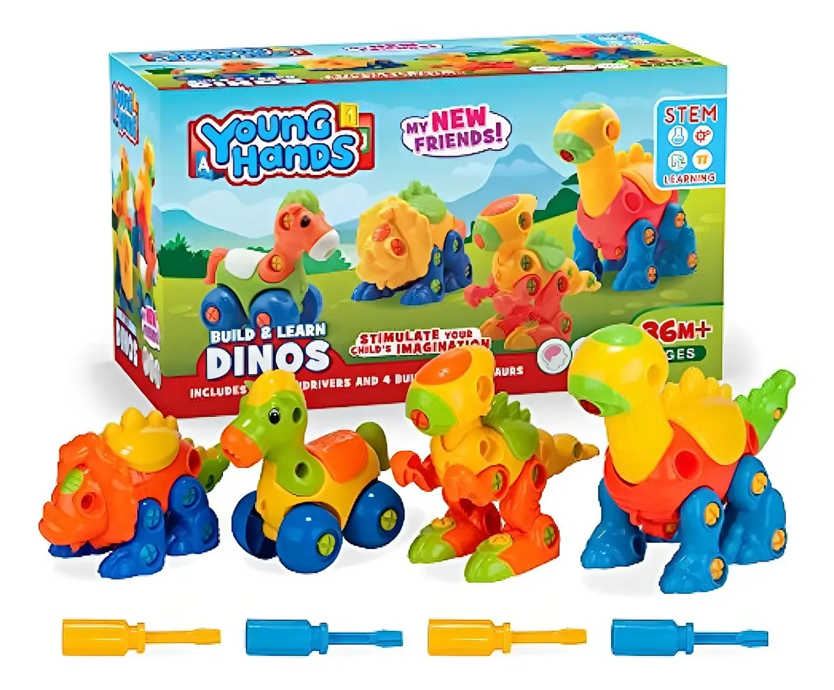 Crianças criativas constroem e aprendem brinquedos de dinossauro, modelo de