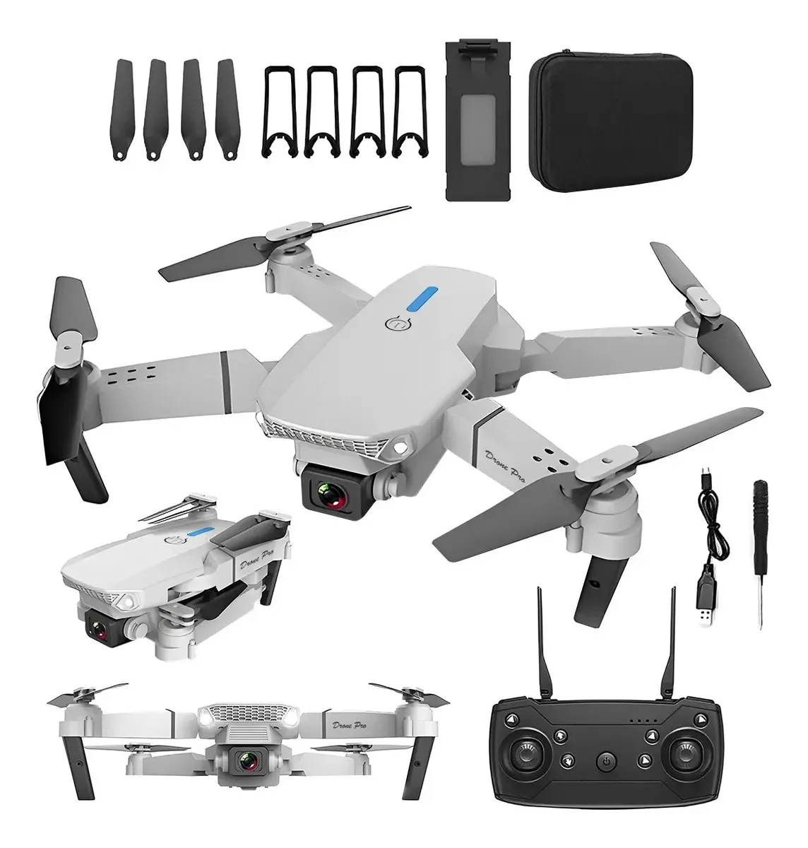 Mini drone com controle remoto, câmera quadricóptero e estojo cinza
