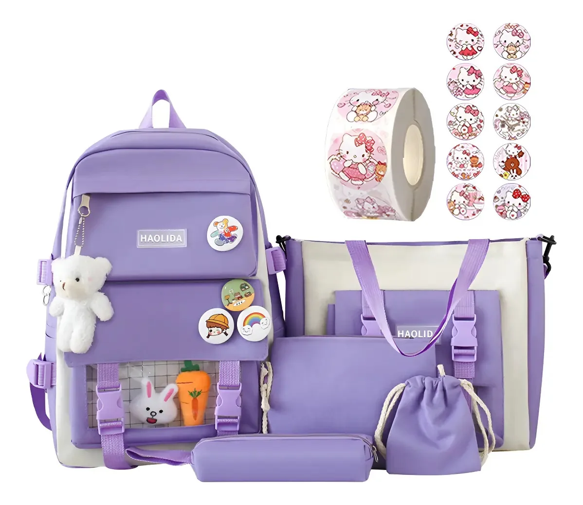 Mochila feminina de 5 peças, mochilas para mulheres, portáteis e versáteis, mochila de viagem de grande capacidade para moda casual, cor roxa