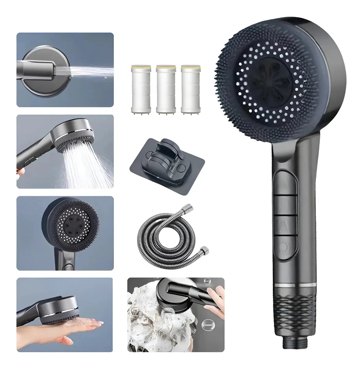 Chuveiro de alta pressão de 4 modos com 3 filtros e mangueira, acabamento cromado, preto