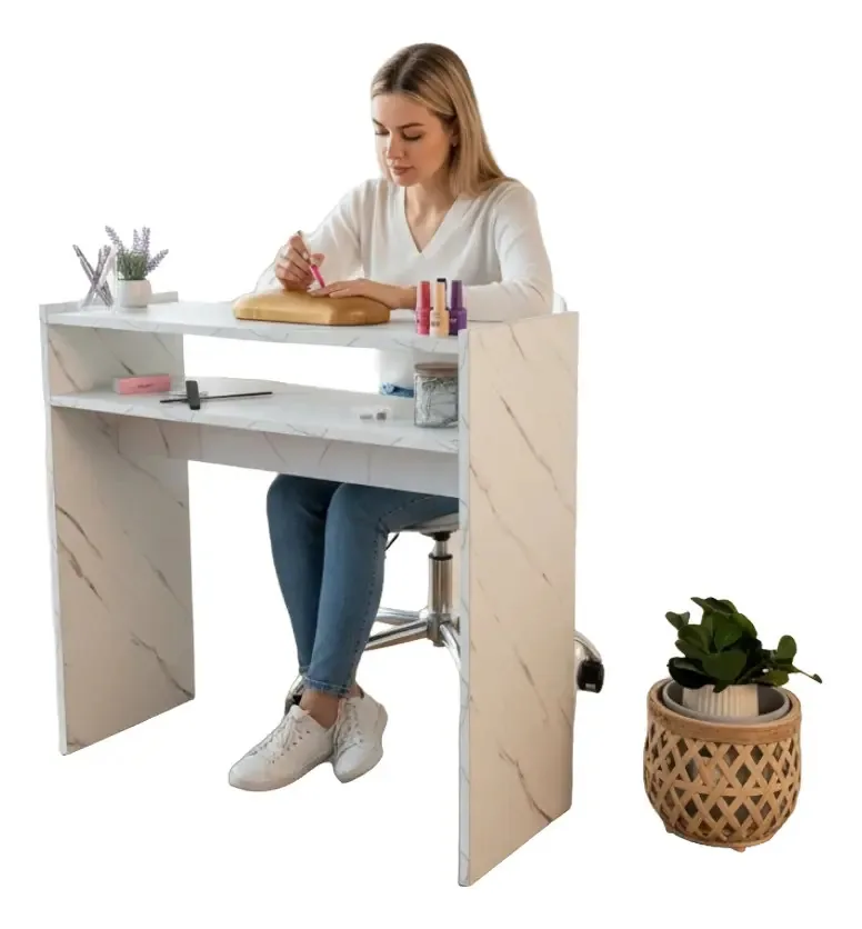 Mesa de unhas simples 80x30 barata, marmorizada, de ótimo valor, cor branca marmorizada