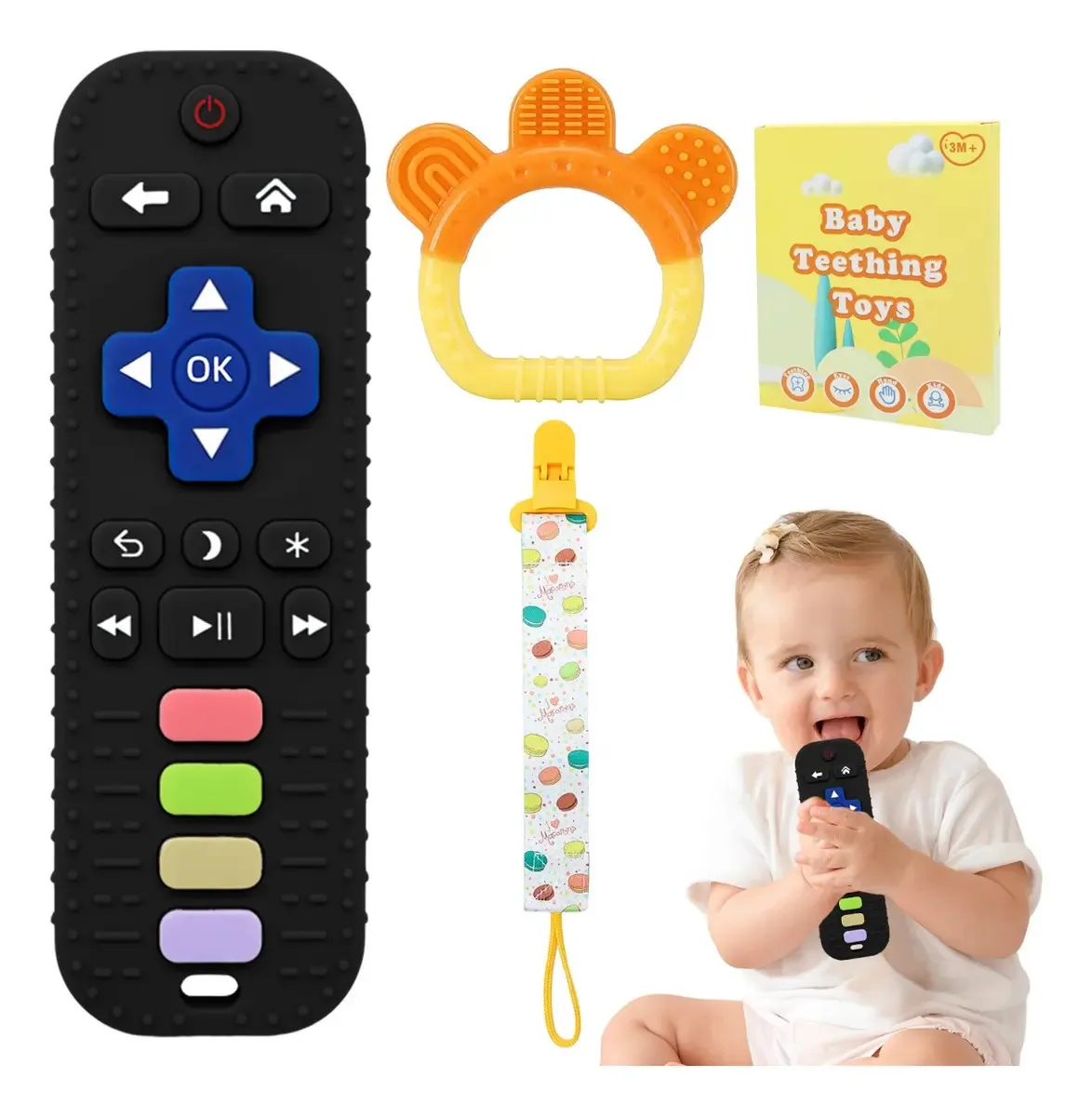 Mordedores para bebês com controle remoto, sino, corda, 3 cores, multicoloridos, 3 modelos A