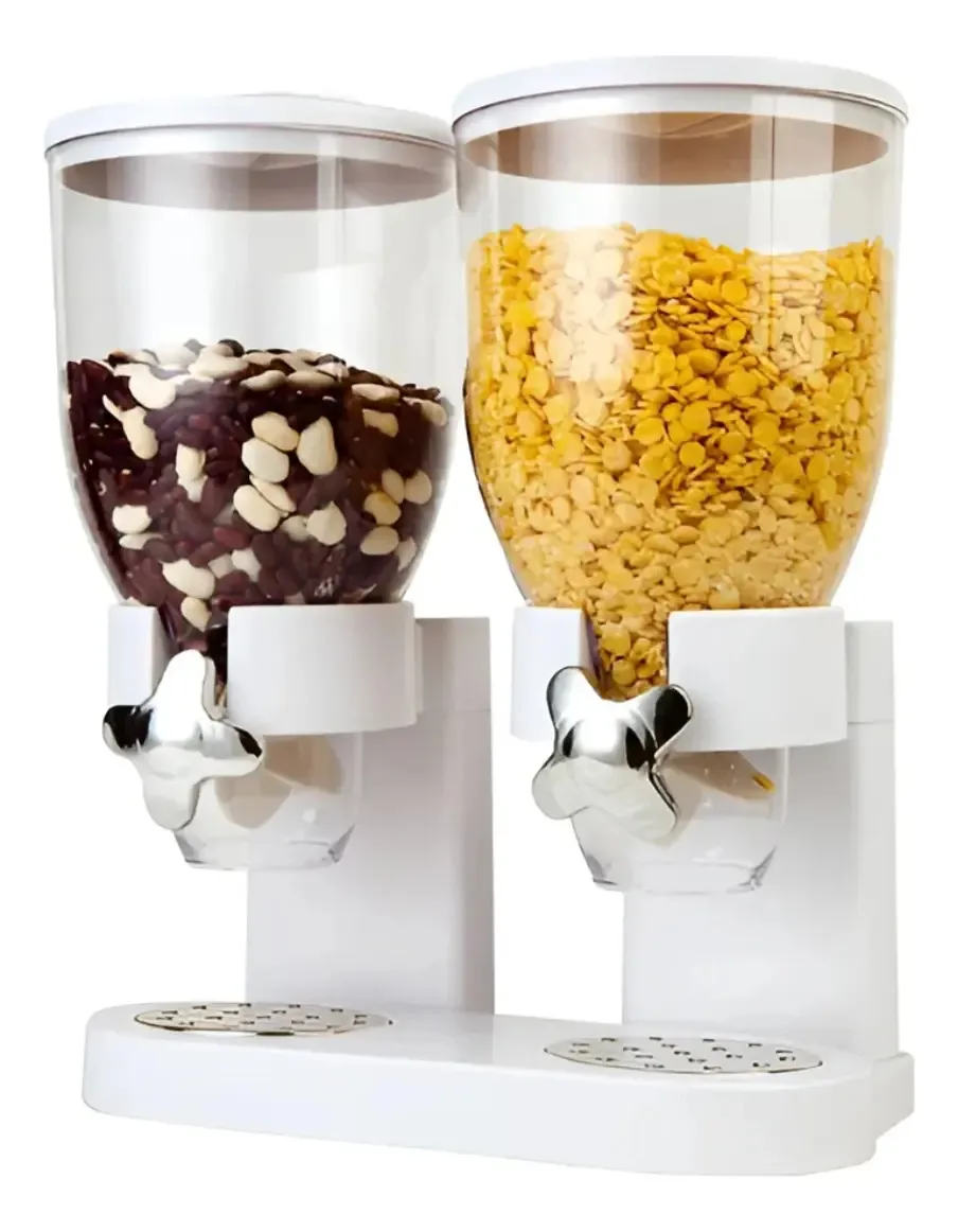 Dispensador duplo de cereais para alimentos com frutas secas, cor branca