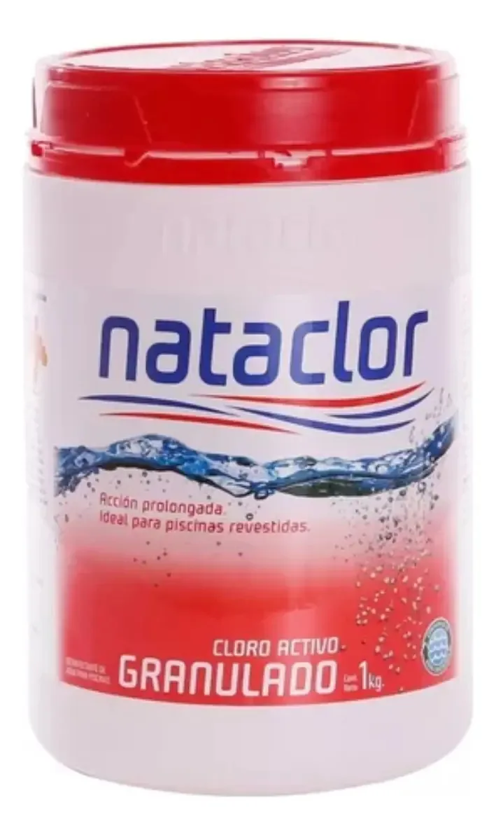 Cloro granulado Nataclor de 1 kg — desinfecção eficaz para piscinas, mantém a água limpa e cristalina, adequado para piscinas revestidas, ação antimicrobiana e proteção UV
