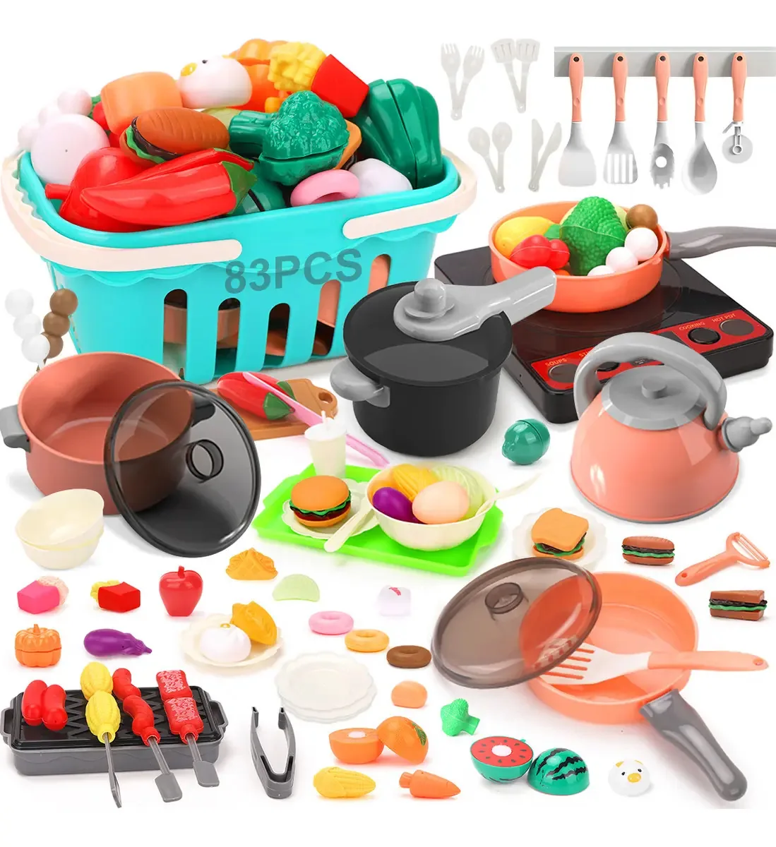 Conjunto de brinquedos de cozinha de 83 peças para crianças, rosa