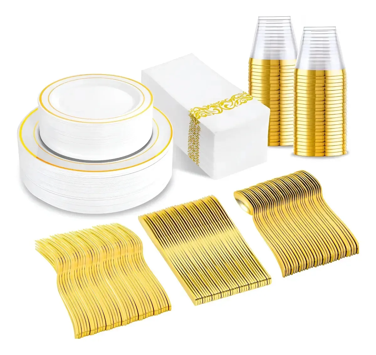 Elegante conjunto de talheres descartáveis para festas (25 pessoas) 175 peças, pratos, copos e talheres, plástico resistente com guardanapos, ideal para casamentos, aniversários e eventos, cor dourada