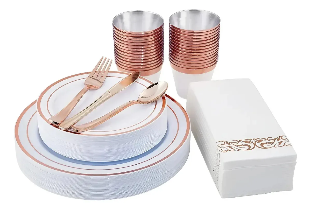 Elegante conjunto de louças descartáveis para festas (25 pessoas) 175 peças, pratos, copos e talheres, plástico resistente com guardanapos, ideal para casamentos, aniversários e eventos, rosa