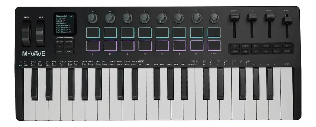 Teclado Midi sem fio de 37 teclas com tela de 16 RGB, cor preta