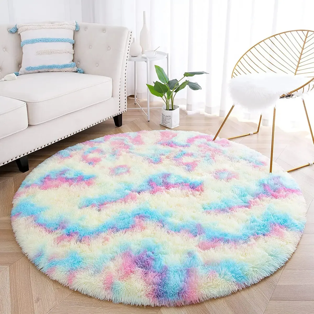 Tapete redondo de quarto Azuldimen, tapete circular fofo de 4'x4' para sala de estar, lindo tapete circular peludo, tapete macio (arco-íris)