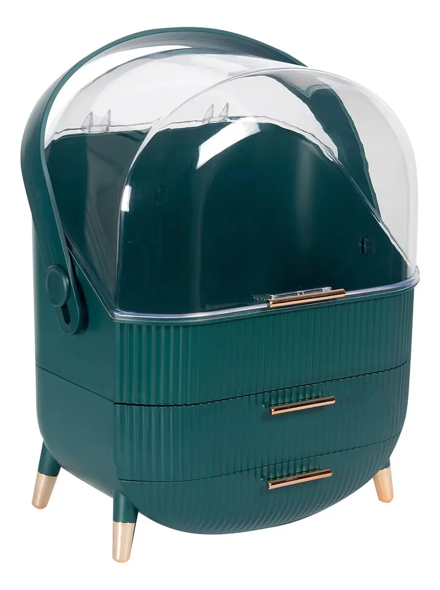 Organizador de cosméticos e maquiagem retrô elegante Ravena com alça - cômoda ou banheiro - 2 gavetas, 3 camadas, altura 37 cm - verde com detalhes em bronze