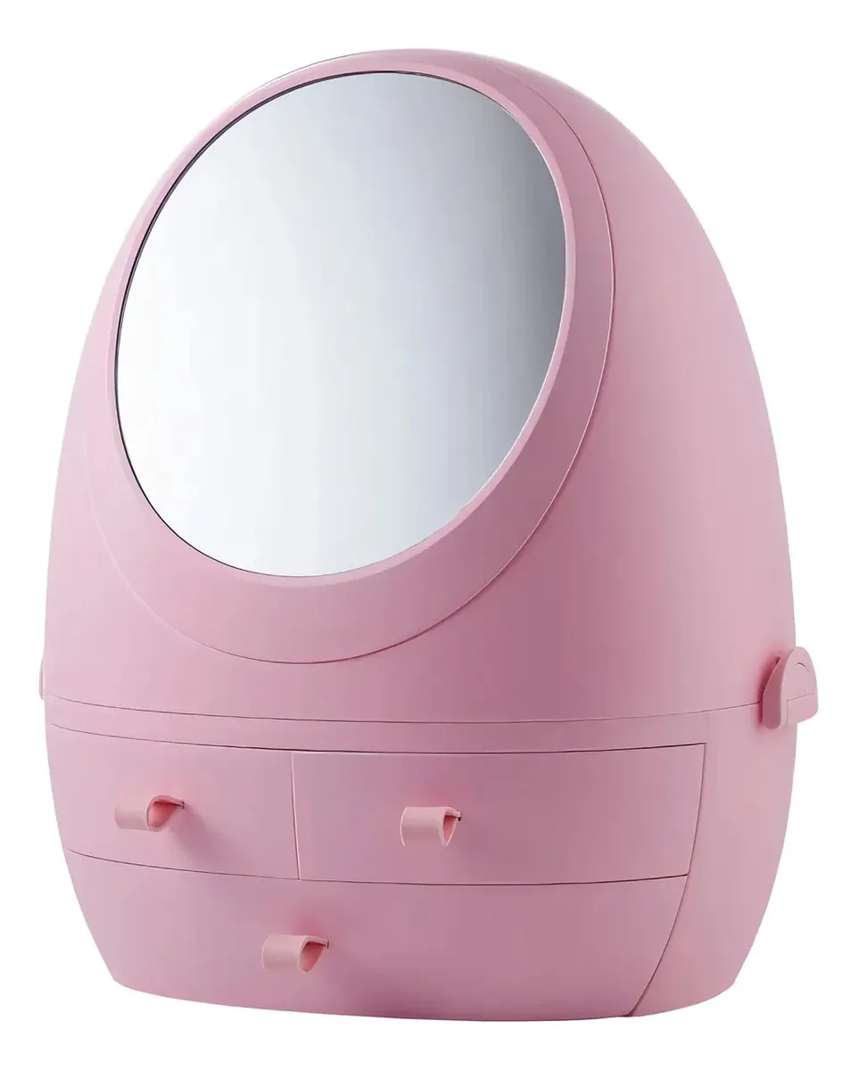 Organizador moderno de cosméticos e maquiagem Ravena Minnie, com espelho — penteadeira ou banheiro — 3 gavetas, 3 camadas, altura 35 cm — cor rosa