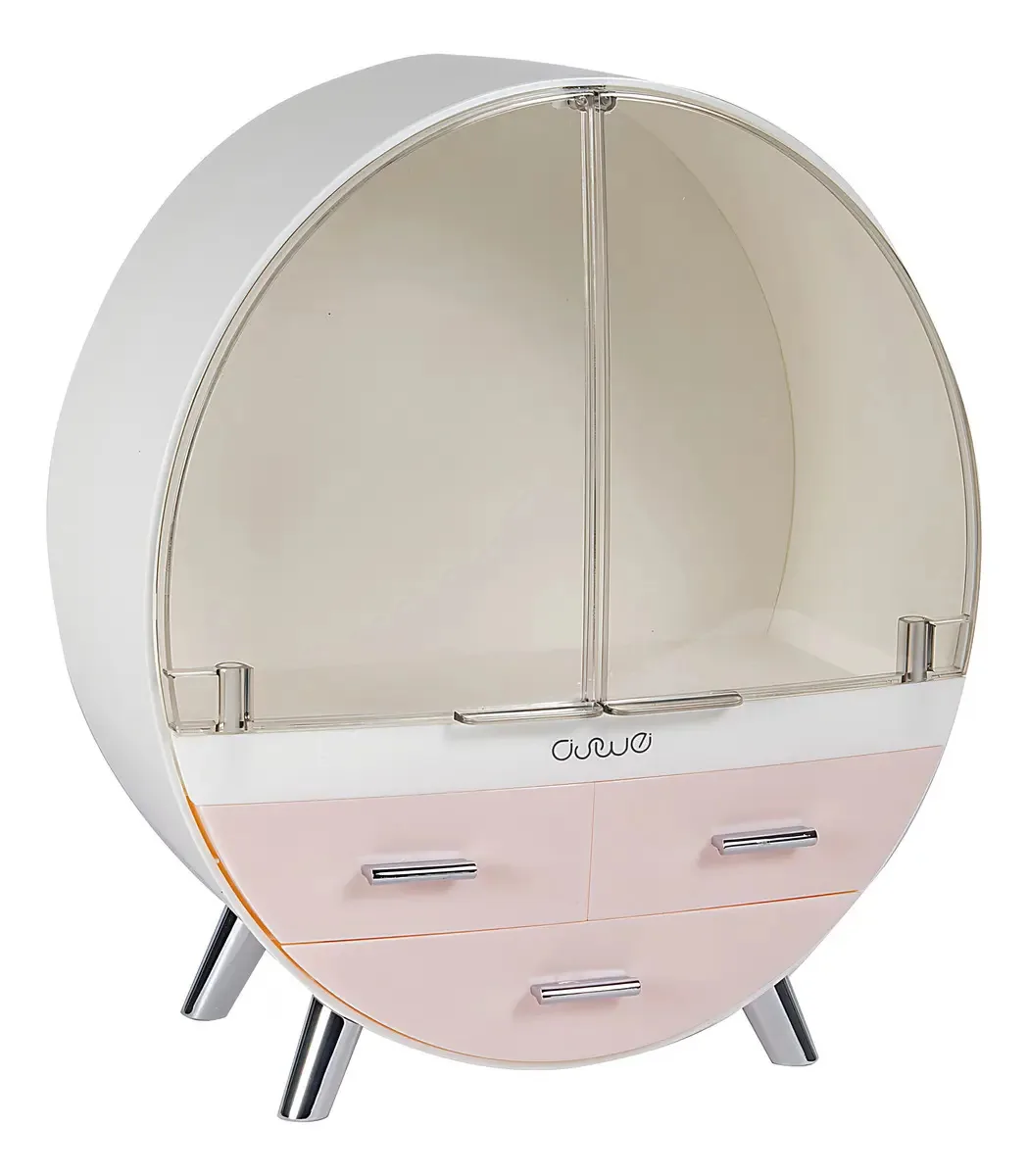 Organizador elegante de cosméticos e maquiagem Ravena Curve — penteadeira ou banheiro — 3 gavetas, 3 camadas, tamanho médio, altura 34 cm — cor rosa