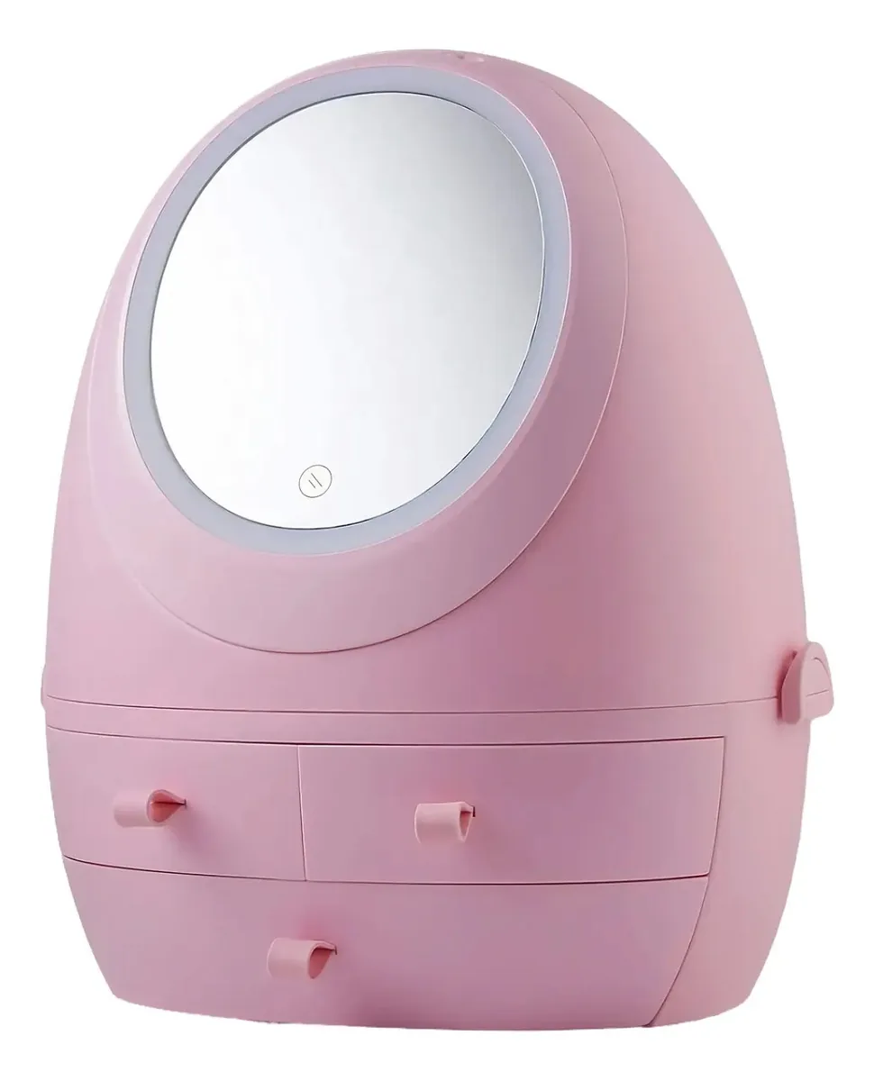 Organizador moderno de cosméticos e maquiagem Ravena Minnie, com espelho e anel de luz LED — cômoda ou banheiro — 3 gavetas, 3 níveis, altura 35 cm — cor rosa