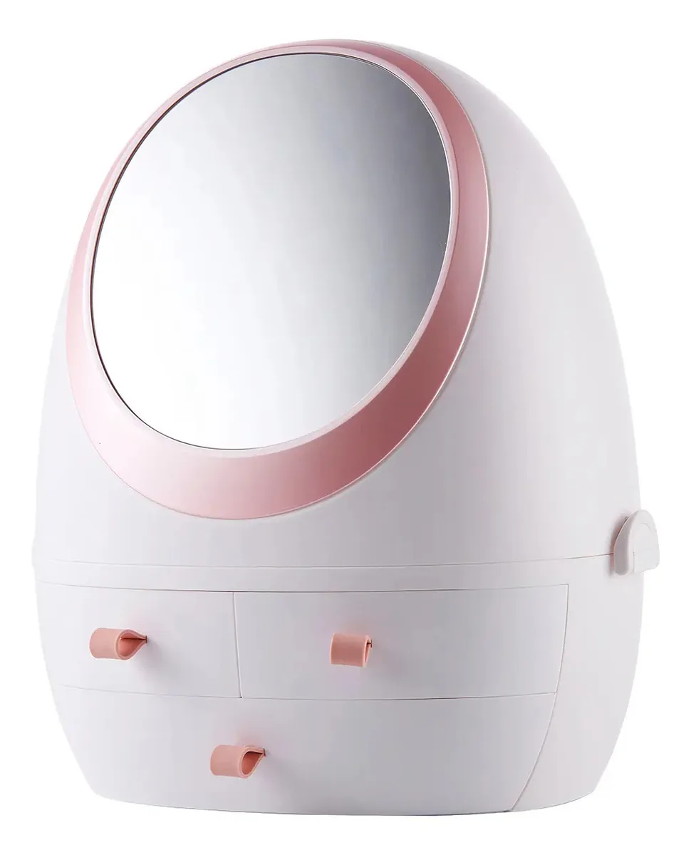 Organizador moderno de cosméticos e maquiagem Ravena Minnie, com espelho — penteadeira ou banheiro — 3 gavetas, 3 níveis, altura 35 cm — branco com detalhes rosa