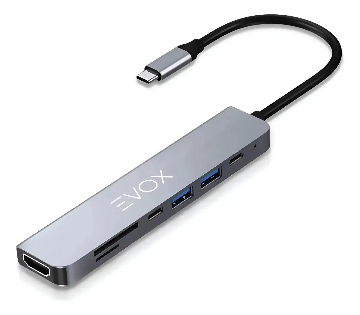 Hub Evox Usb C - Multiporta 7 em 1 - Hdmi 4k + 2 portas USB 3.0 + 1 USB C + USB Pd 100w + Leitor de cartão TF/SD - Estojo de alumínio premium - 5 Gbs - 15 centímetros - Para teclado e mouse - Ndbba