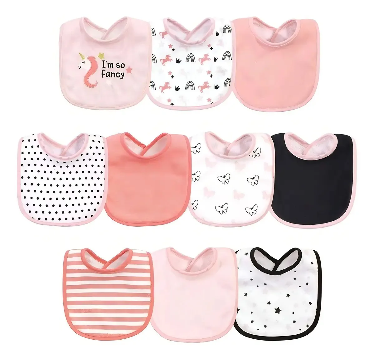 Babadores de tecido Hudson Baby, 10 peças, rosa unicórnio, princesa, tamanho 3 M