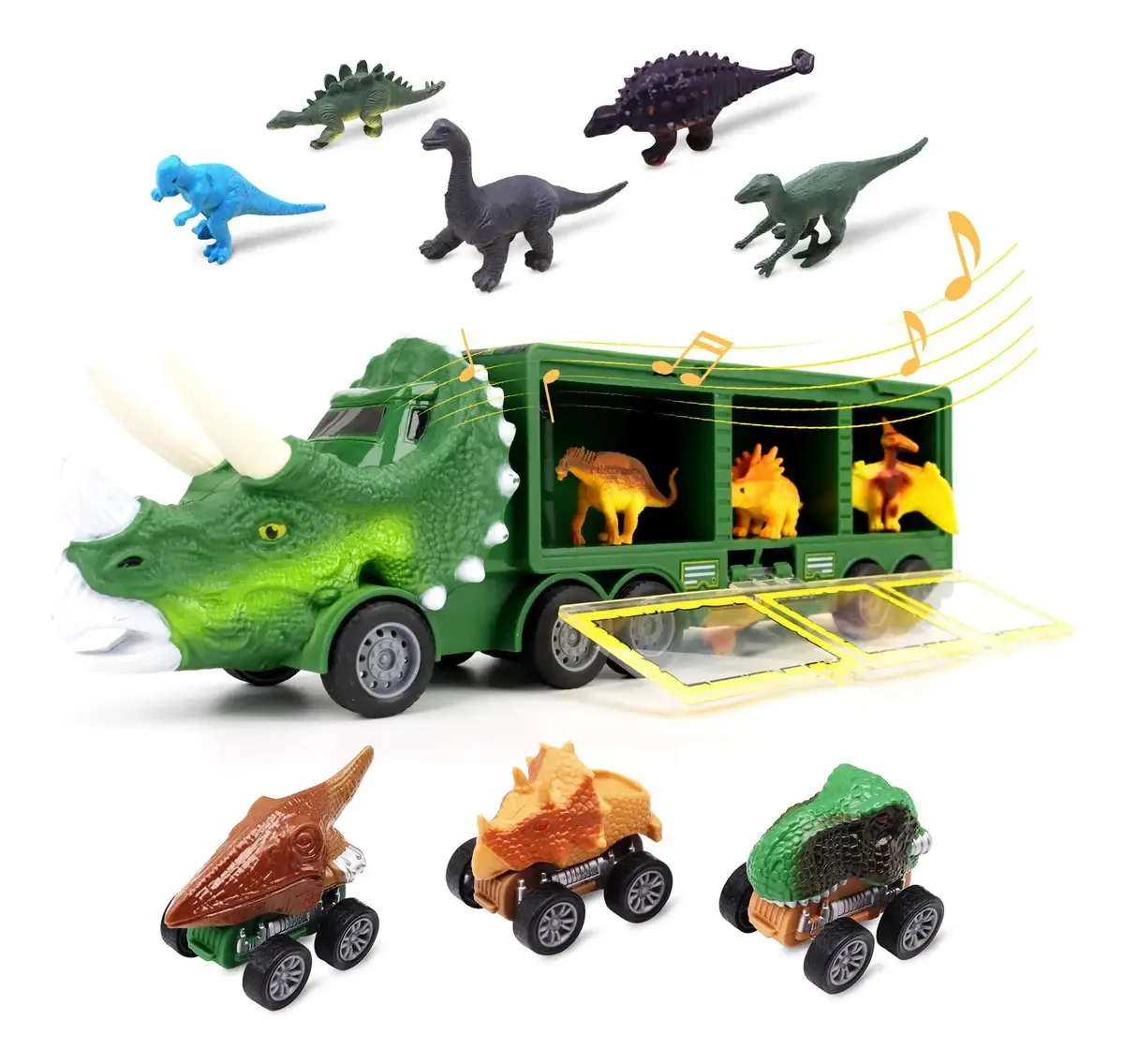 Caminhão de dinossauro com música e luzes, brinquedo transportado