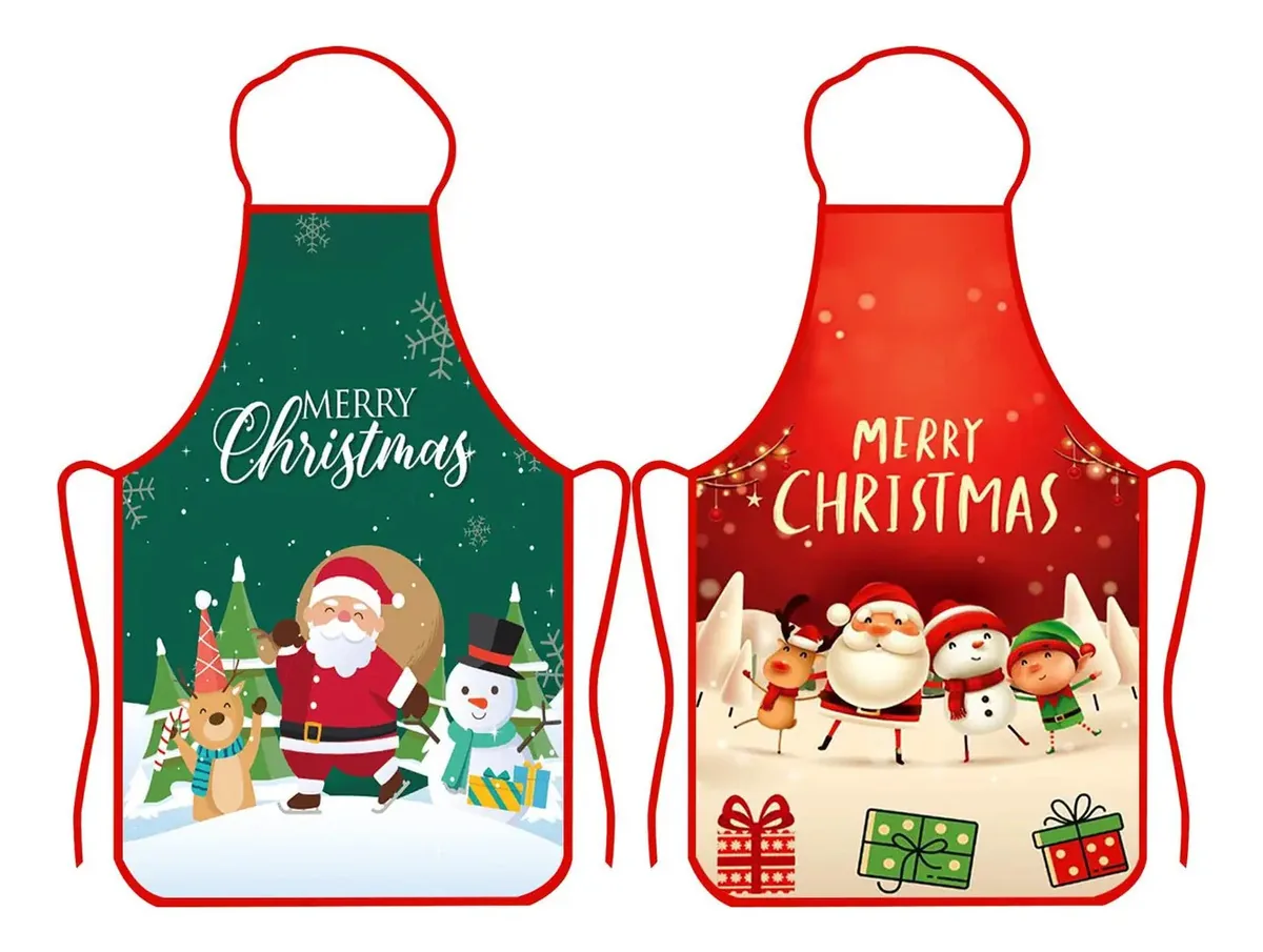 2 aventais de Natal, Papai Noel, rena, boneco de neve cor vermelha