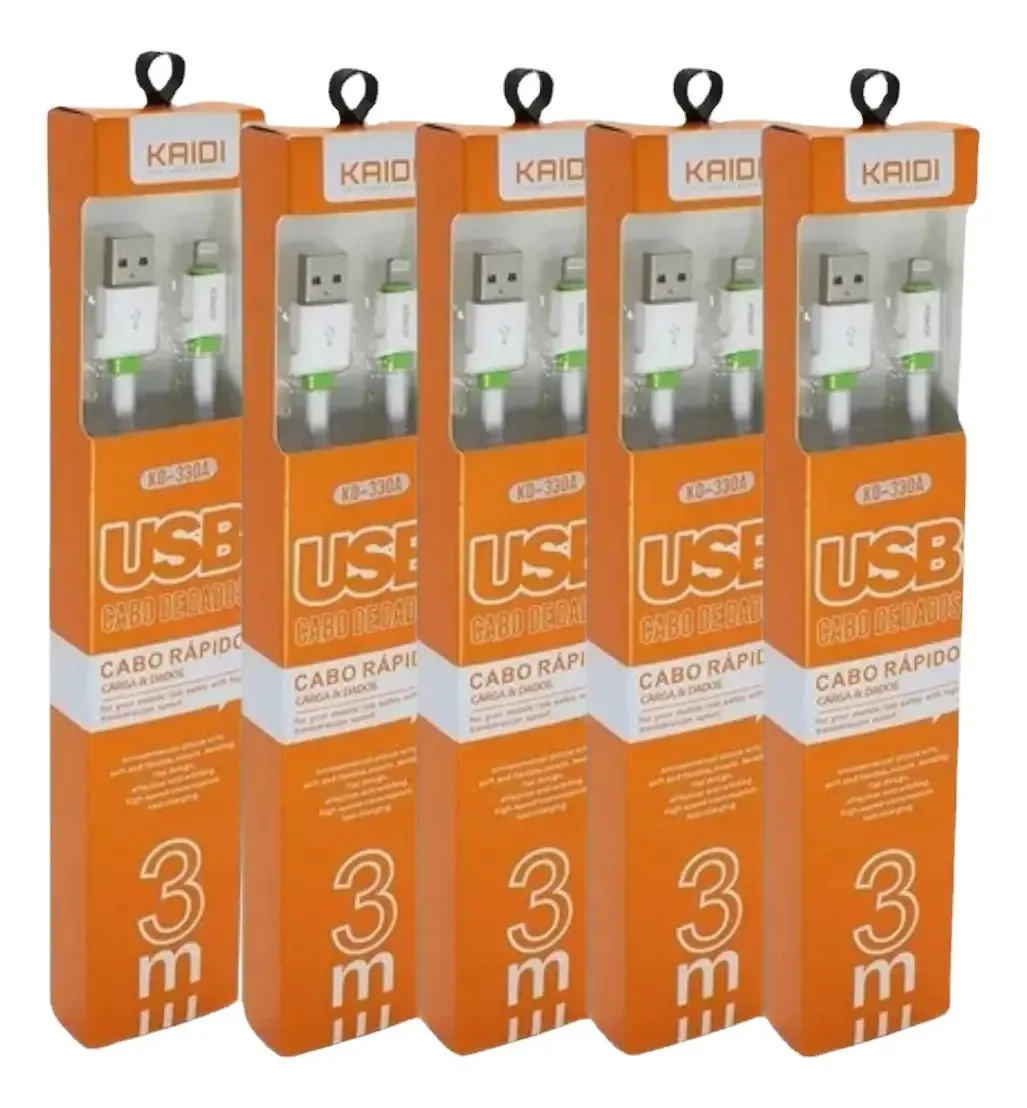 Kit Com 5 Cabos Carregador Usb Para iPhone 3m Rápido +