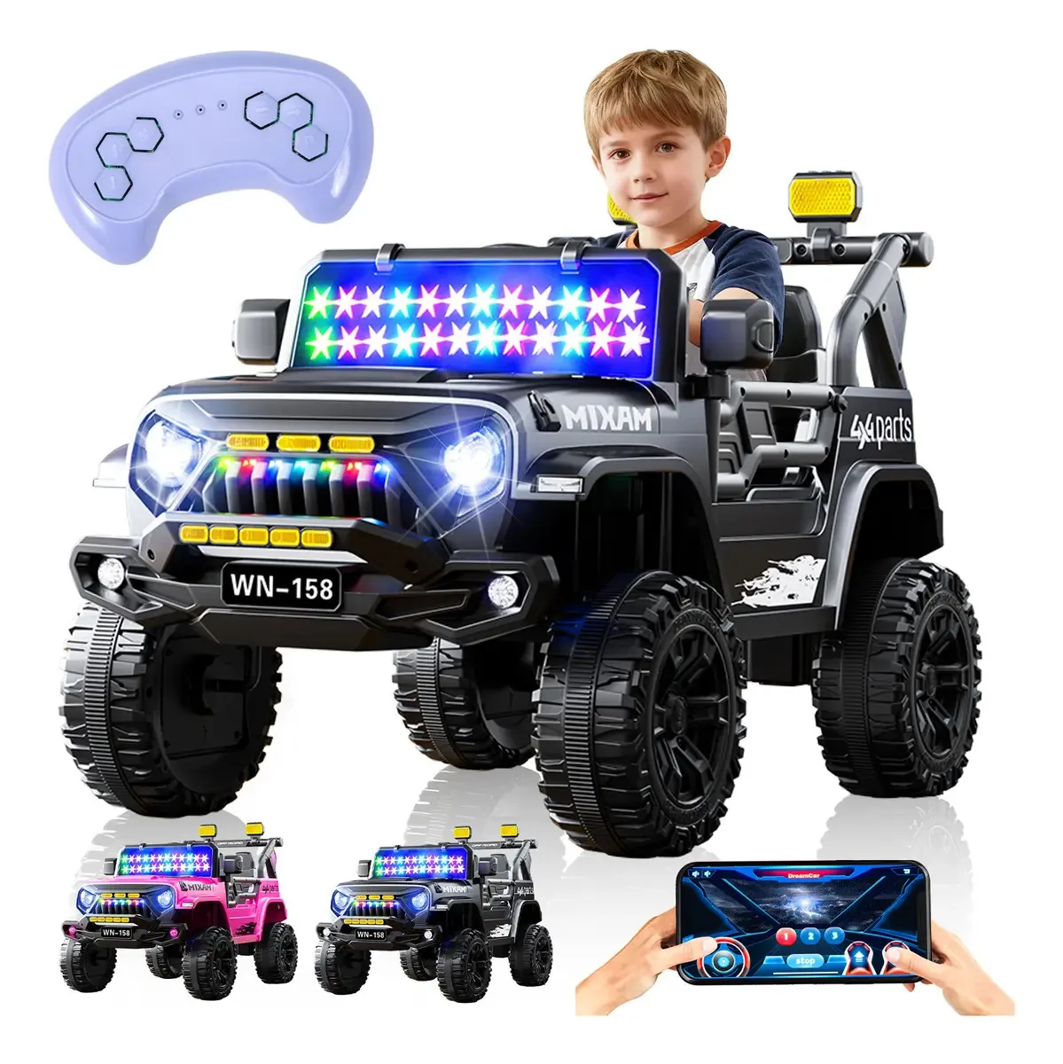 Carros elétricos para meninos e meninas: van elétrica montável enomy®, controle remoto + aplicativo móvel, carros elétricos Bluetooth para crianças (4x4) com luzes e música, 3 velocidades e ré