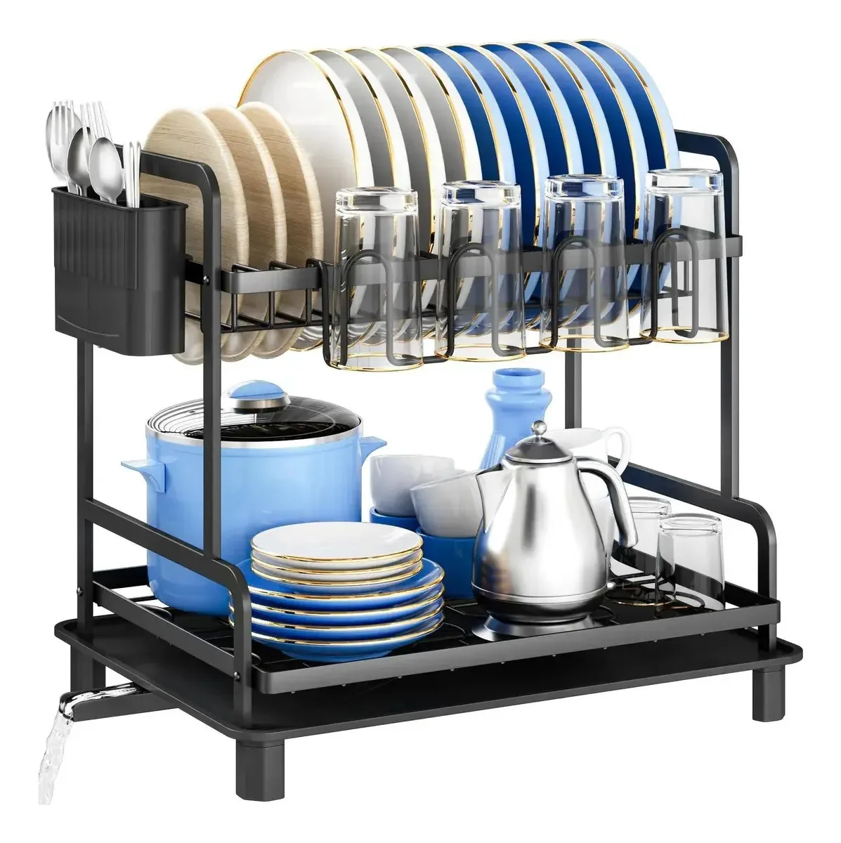 Escorredor de pratos de 2 camadas com porta-copos e porta-talheres, grande capacidade para cozinha, organizador multifuncional com bandeja coletora removível e estrutura metálica resistente
