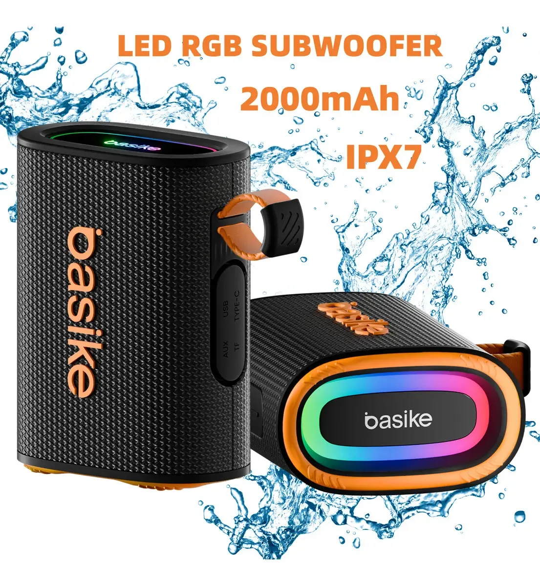 Basike Caixa De Som Portátil Bluetooth TWS 2000mAh Com LED RGB Subwoofer,Som Estéreo,graves potentes, USB/SD/AUX