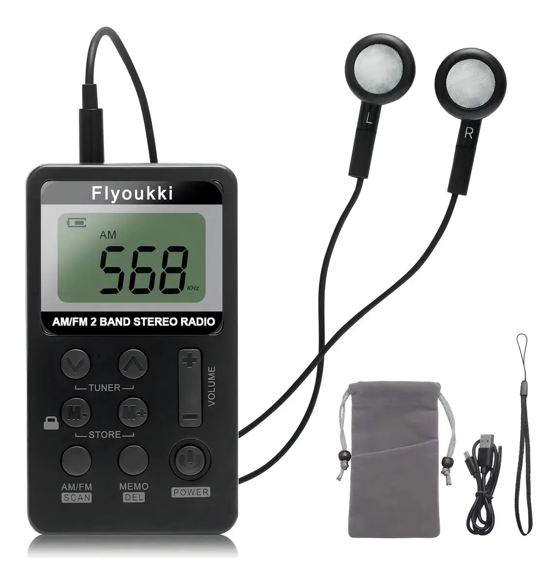 Flyoukki - Rádio de bolso pequeno, mini rádio pessoal. Cor: Preto