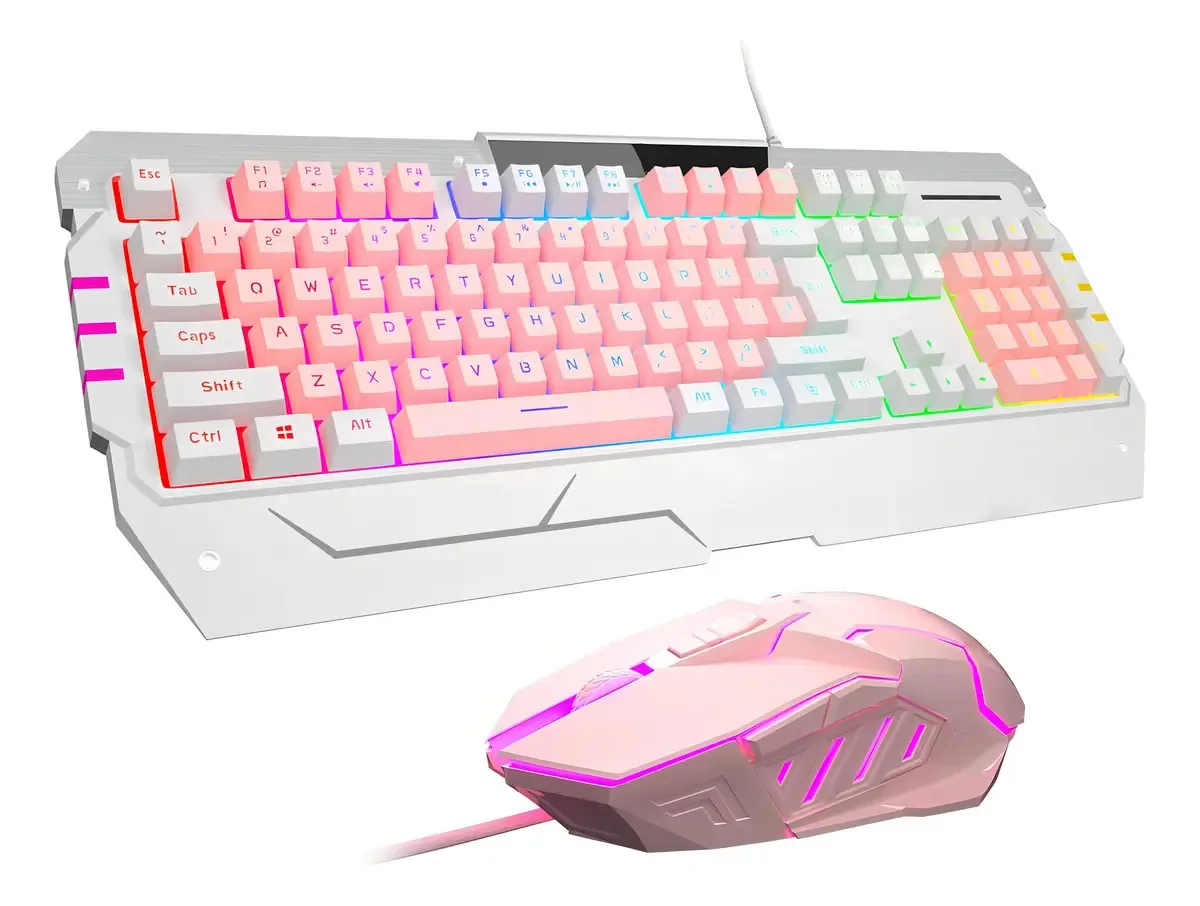 Combinação de teclado rosa: teclado e mouse USB para jogos, jogos e com