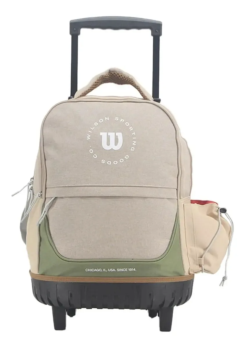 Mochilas e carrinho com rodas. Mochila escolar de qualidade, veja! Design de tecido de cor bege 65.bd001