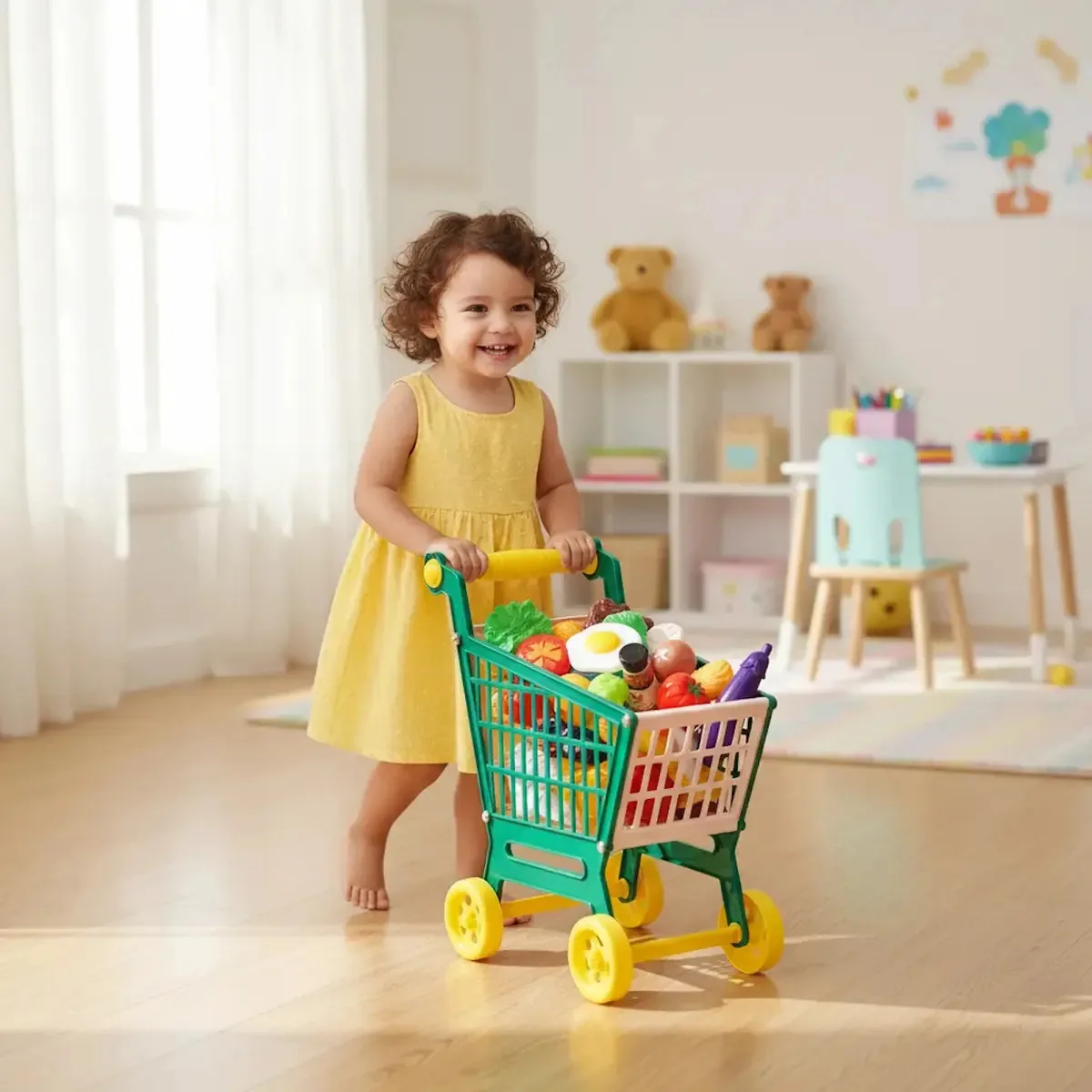 Brinquedo verde para carrinho de compras de mini supermercado de 24 peças