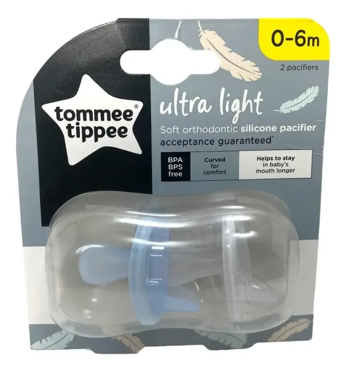 Chupetas de bebê Tommee Tippee Ultra Light, 2 peças de 0 a 6 m, cor azul claro e branco, período de idade de 0 a 6 meses