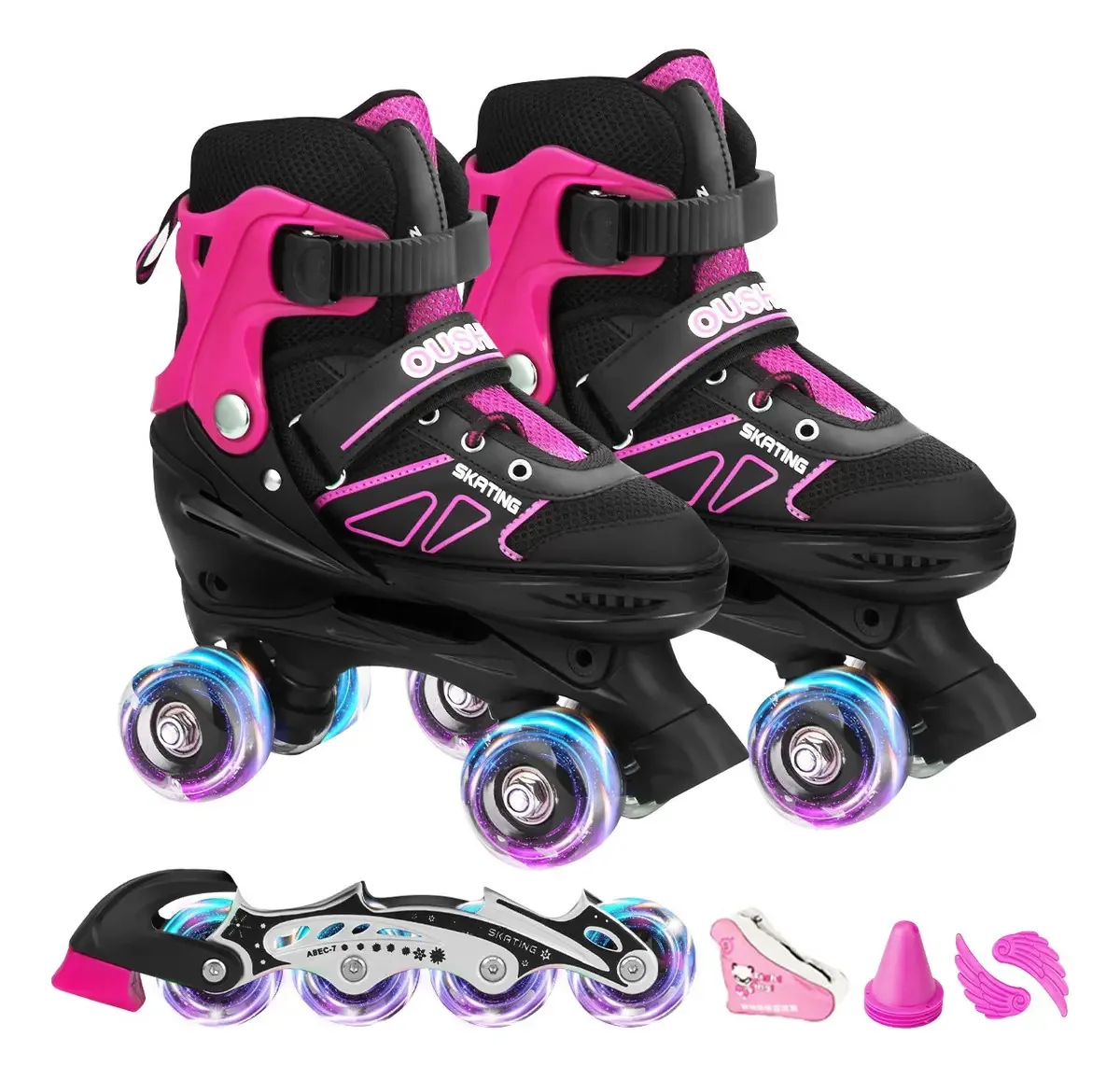 2 em 1 Patins Inline Ajustáveis e 4 Rodas Infantil com Luzes Cor Rosa Chiclete Tamanho dos Patins S Tamanho das Rodas 64 Mm