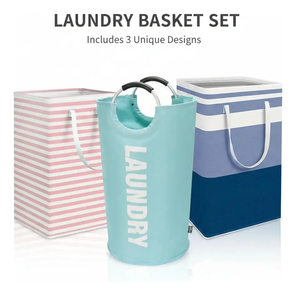 Cesto de roupa suja grande de 75 litros, roupa dobrável, 3 peças Yesop, azul e rosa