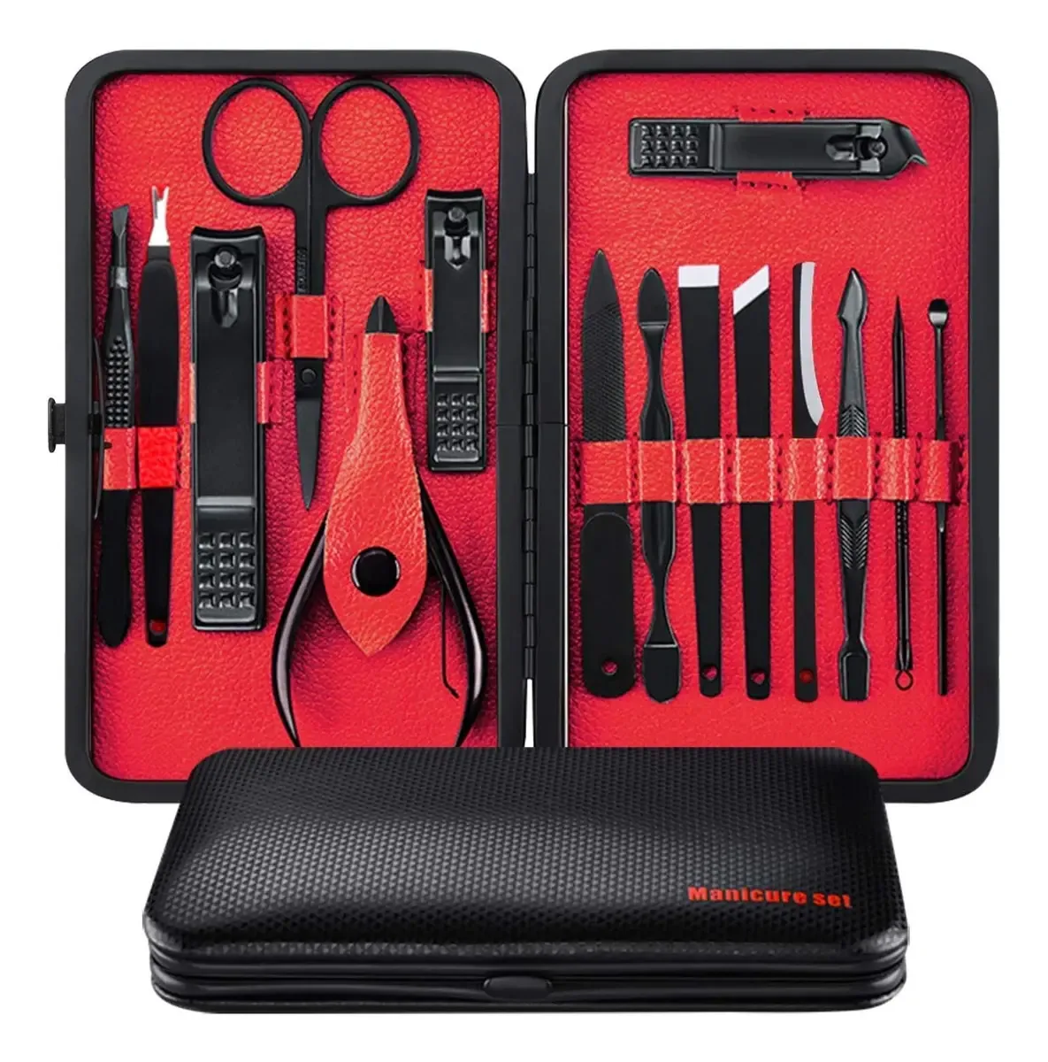 Anna Tosani — kit de manicure e pedicure 15 em 1, conjunto de manicure de aço inoxidável, kit de pedicure profissional com estojo de viagem de couro preto, kit de tesoura para cuidados com as...