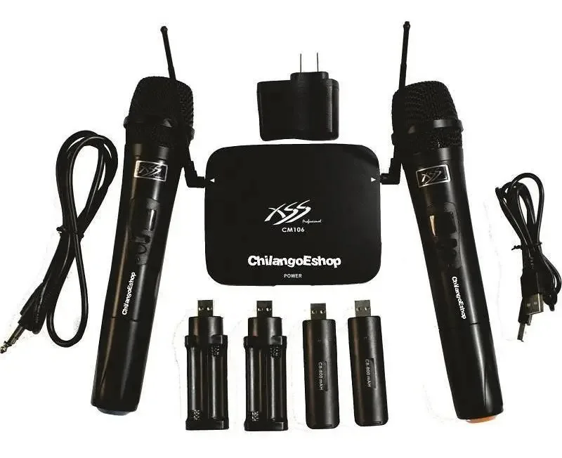 Conjunto de 2 microfones sem fio UHF recarregáveis Cm106