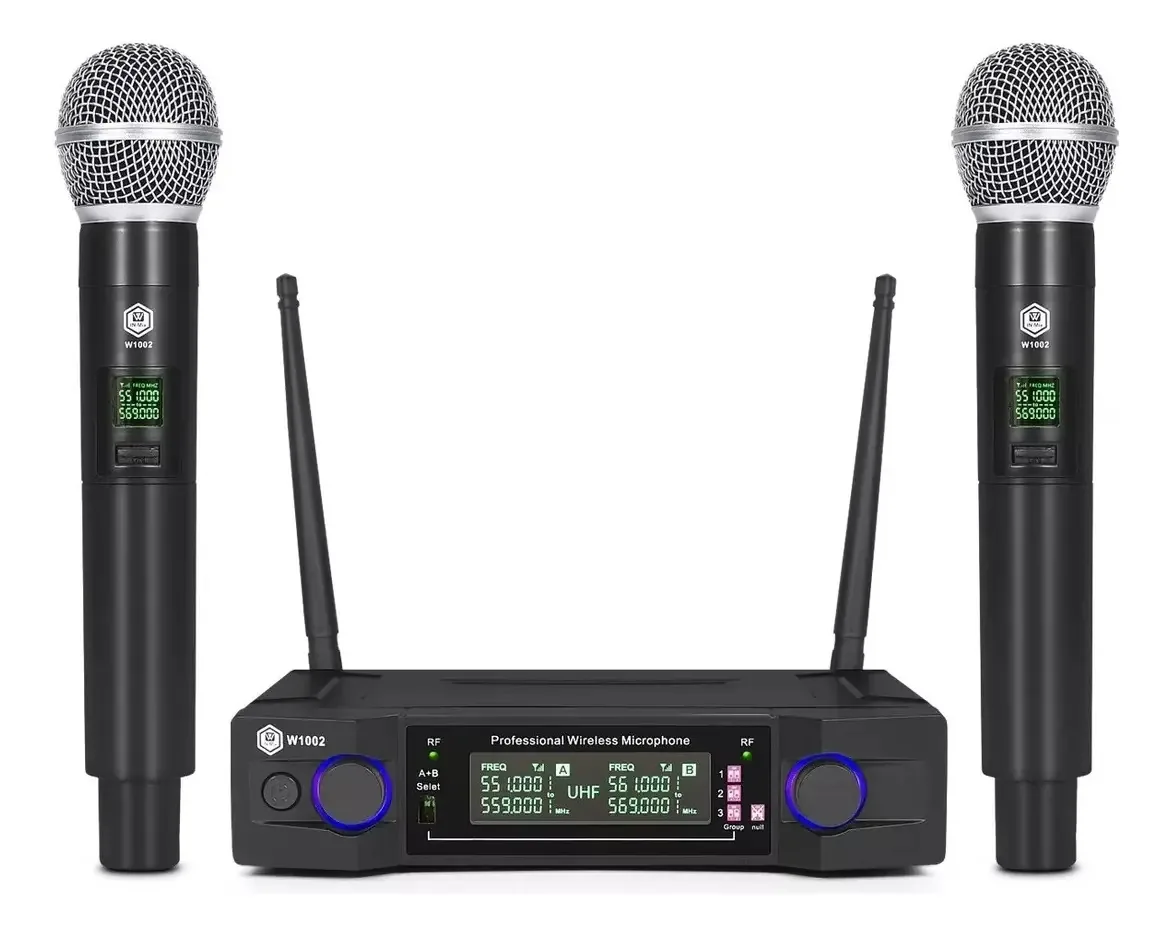 Microfone sem fio W1002 VHF, 2 canais e 2 microfones