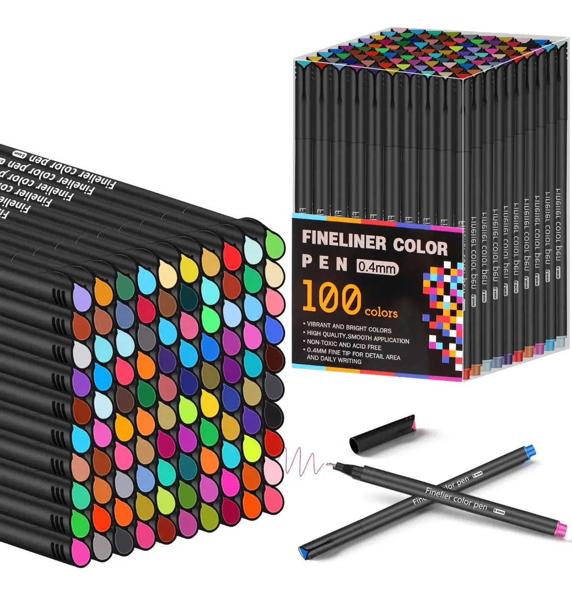 Estojo com 100 cores, penas pretas e canetas finas