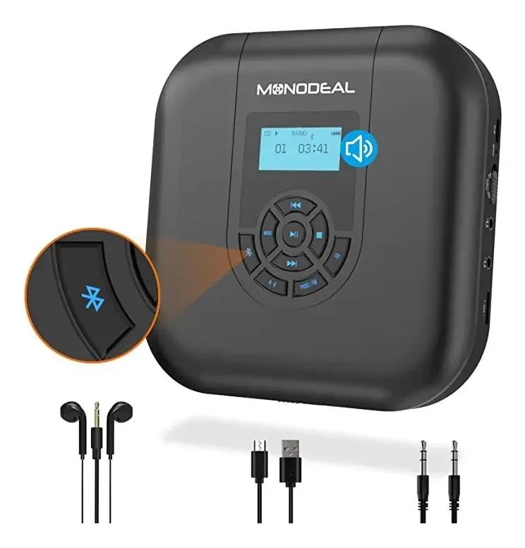Reprodutor de CD portátil, reprodutor de CD Bluetooth Monodeal com alto-falantes e transmissor FM, reprodutor de CD recarregável de 1800 mAh para carro e casa com visor LED