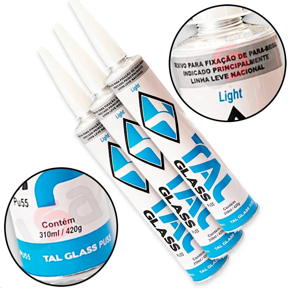 Kit de Selantes de Poliuretano TALGLASS PU 55 Light, para Parabrisa Profissional, com 3 Tubos