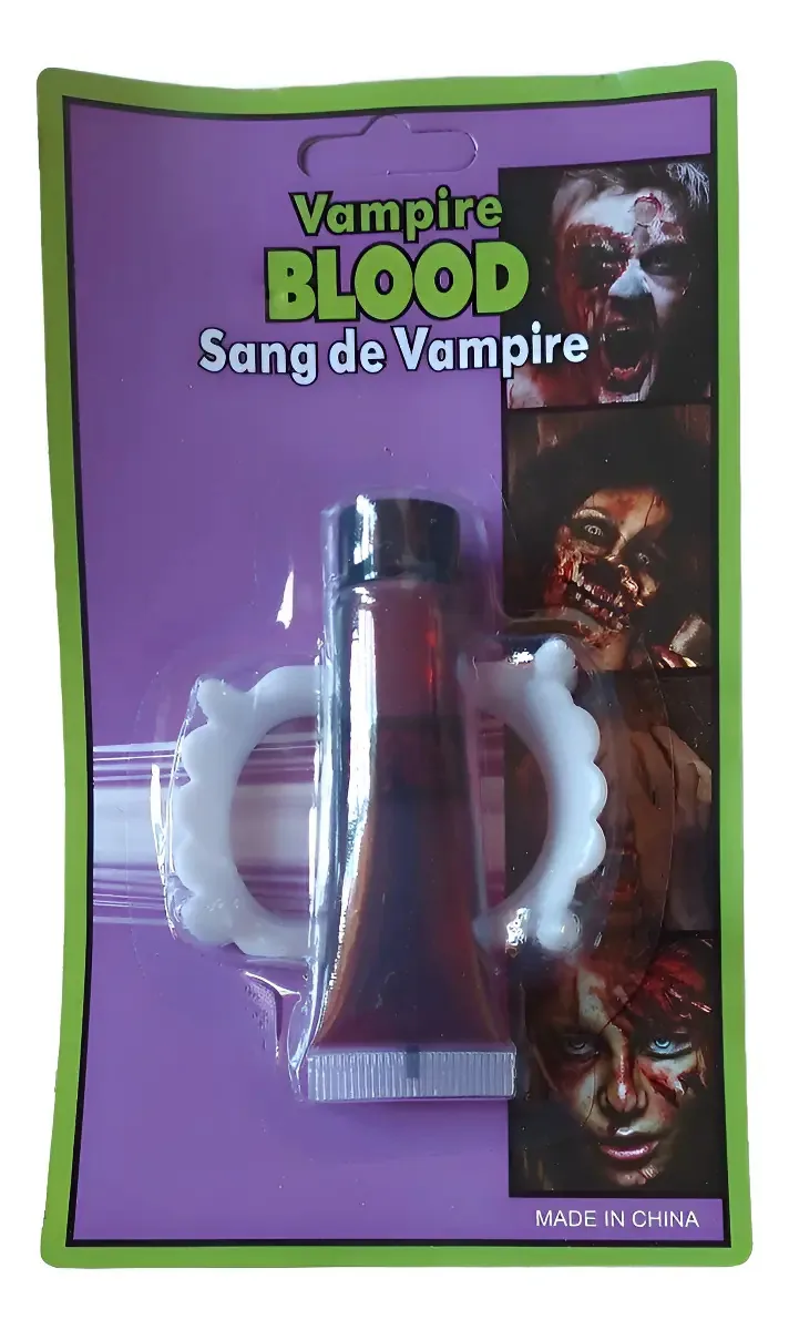 Dentes de vampiro e fantasia falsa de Halloween vermelho-sangue