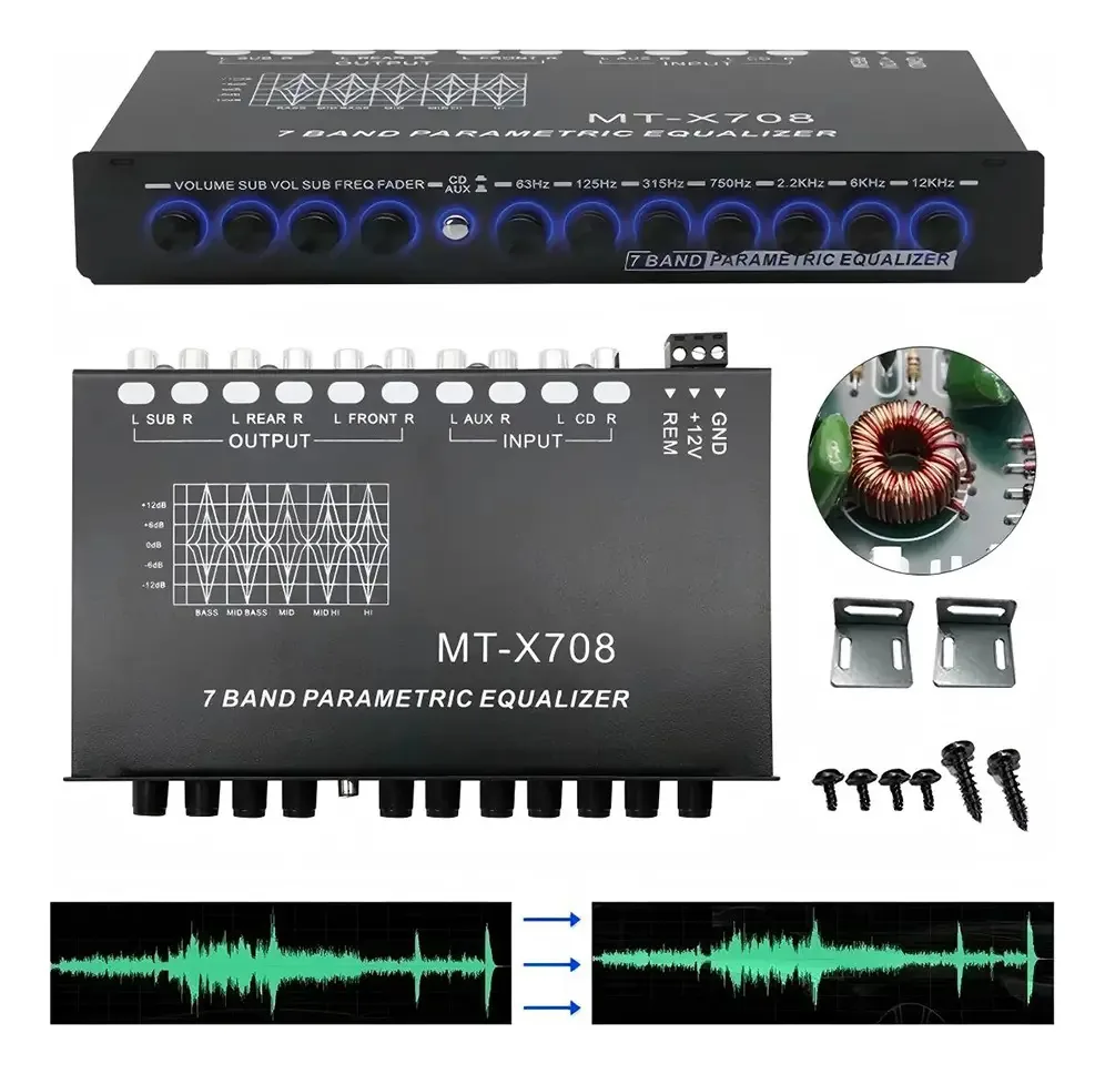 Equalizador Gráfico Carro 7 Bandas 6 Canais Entrada CD AUX Controle Subwoofer