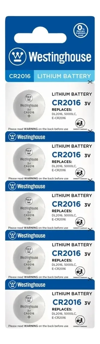 Pacote de 5 baterias tipo botão Westinghouse Cr2016