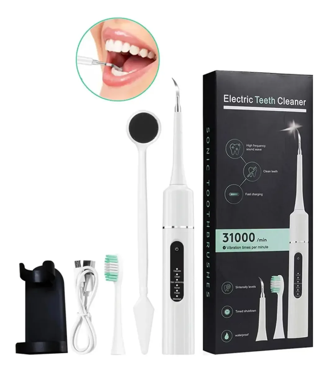 Escova de dentes elétrica Mohits, kit de limpeza de dentes ultrassônica, removedor de tártaro portátil, USB, branco