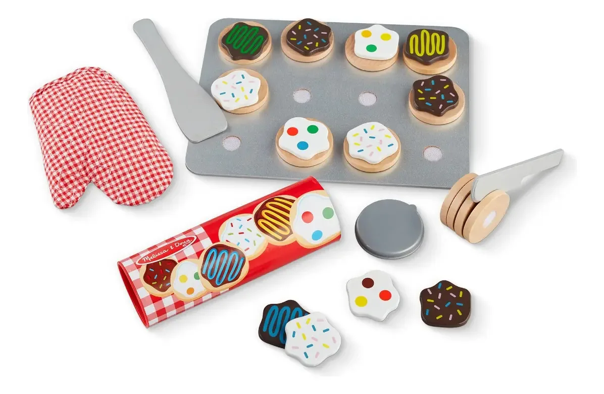 Conjunto de imitação Melissa & Doug para cortar e assar biscoitos, comida de brinquedo, brinquedo de madeira (29 peças)