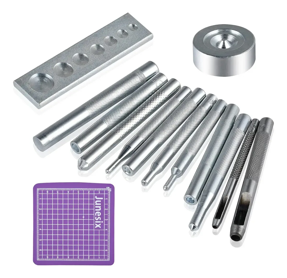 Worldity 14 Rebites, Kit de Matrizes de Couro, Ferramenta de Ajuste de Rebites de Aço Inoxidável para Fazer Bolsas, Artesanato em Couro com Base Antiderrapante