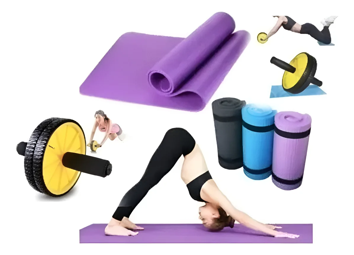 Pacote de tapetes de ioga e roda de exercícios